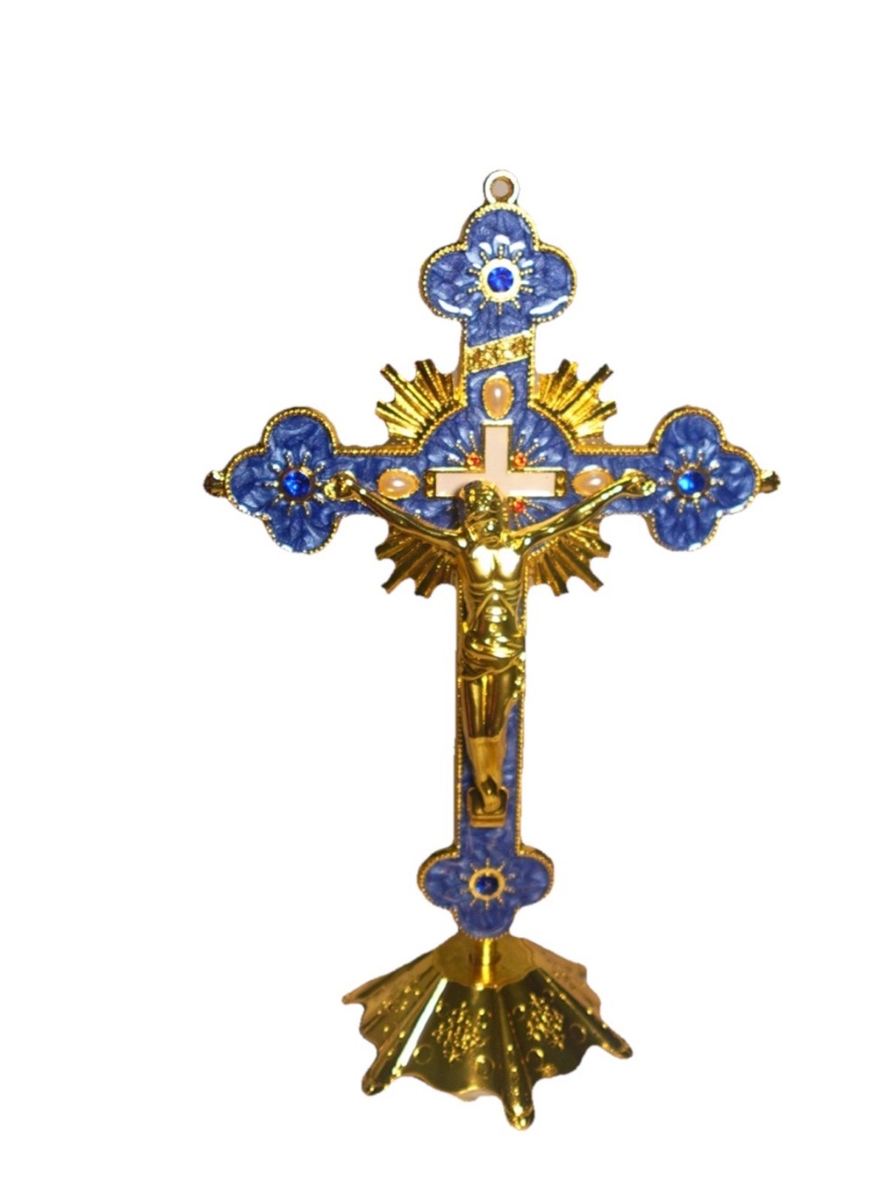Decorative Gold and Blue Crucifix Statue 8Inch